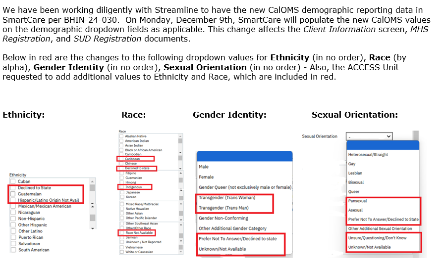 New CalOMS demographic reporting data values in SmartCare 12/09/24